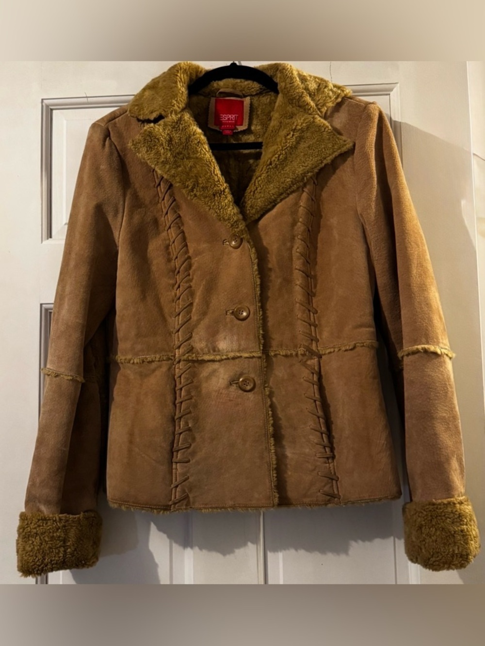 Esprit Genuine Leather Suede Shearling Button Jacket